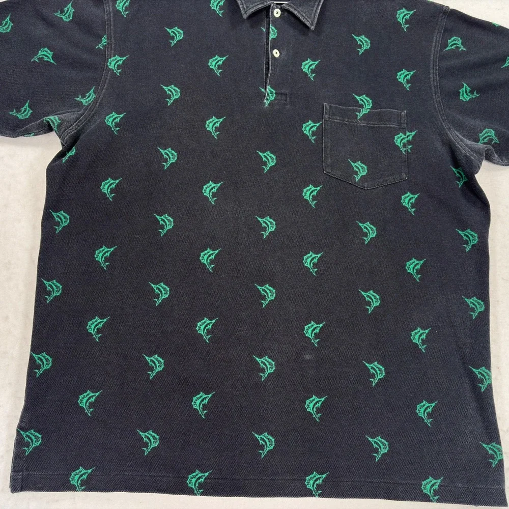 Vintage Polo Ralph Lauren Marlin Fish Print Polo Shirt XL Black Green Cotton